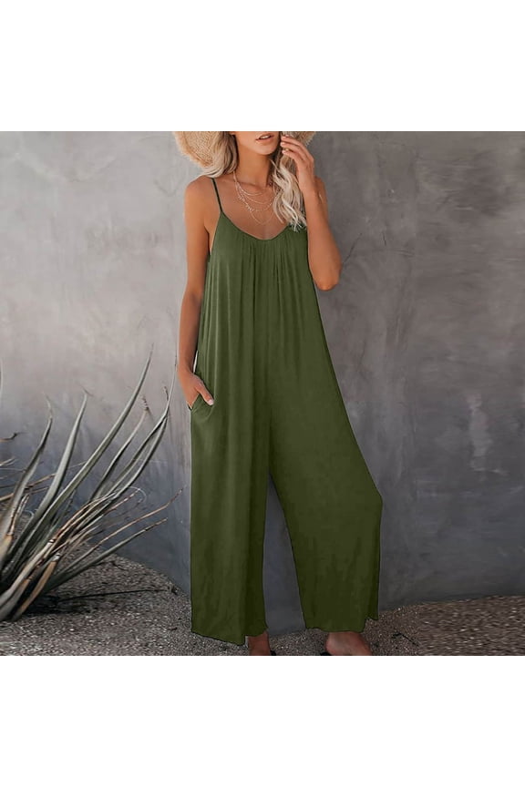 Women Loose Sleeveless Jumpsuits Solid Casual Beach Overalls Spaghetti Straps Stretchy Wide Leg Romper Maternity Jumpsuit with Pockets Army Green M