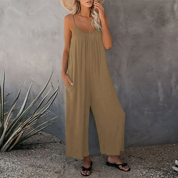 Dazajoo Women Loose Sleeveless Jumpsuits Solid Casual Beach Overalls Spaghetti Straps Stretchy Wide Leg Romper Maternity Jumpsuit with Pockets on Clearance Khaki L