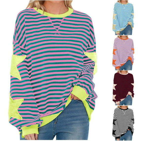 Dazajoo Women Oversized Striped Sweatshirt Crewneck Long Sleeve Star Graphic Shirts Fall Casual Loose Drop Shoulder Pullover Sweater 2024,Wine,XXXL