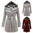 thumbnail image 1 of Dazajoo Women Plaid Hooded Coat Long Sleeve Double Breasted Jacket Casual Wool Trench Coats with Belt,Gray,XXXL, 1 of 5