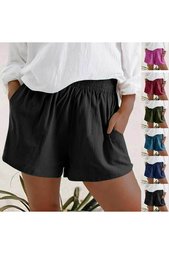Women Plus Size Comfy Shorts Elastic High Waist Casual Summer Solid Color Cotton Linen Shorts with Pockets 2024 Loose Lightweight Beach Shorts for Women,Dark Blue,L