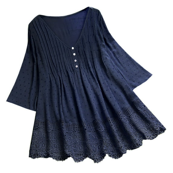 Dazajoo Women Plus Size T-Shirt Blouse Summer Solid Color V-Neck Cotton Linen Shirts Stitching Lace Hollow Tops for Women 2024,Navy,XXL