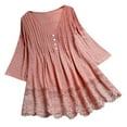 thumbnail image 1 of Dazajoo Women Plus Size T-Shirt Blouse Summer Solid Color V-Neck Cotton Linen Shirts Stitching Lace Hollow Tops for Women 2024,Pink,XL, 1 of 4