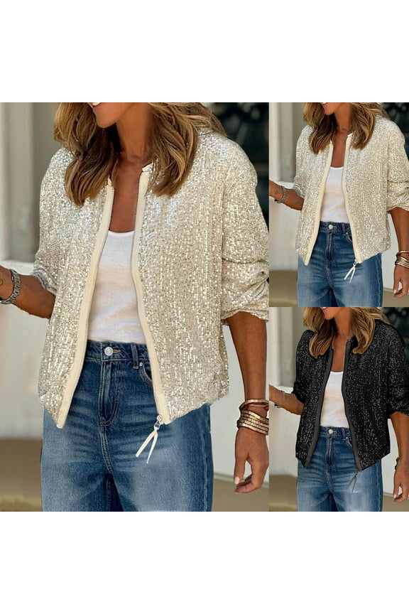 Women Sequin Jacket Zip Up Bomber Long Sleeve Loose Fit Glitter Party Short Coat,Beige,XL