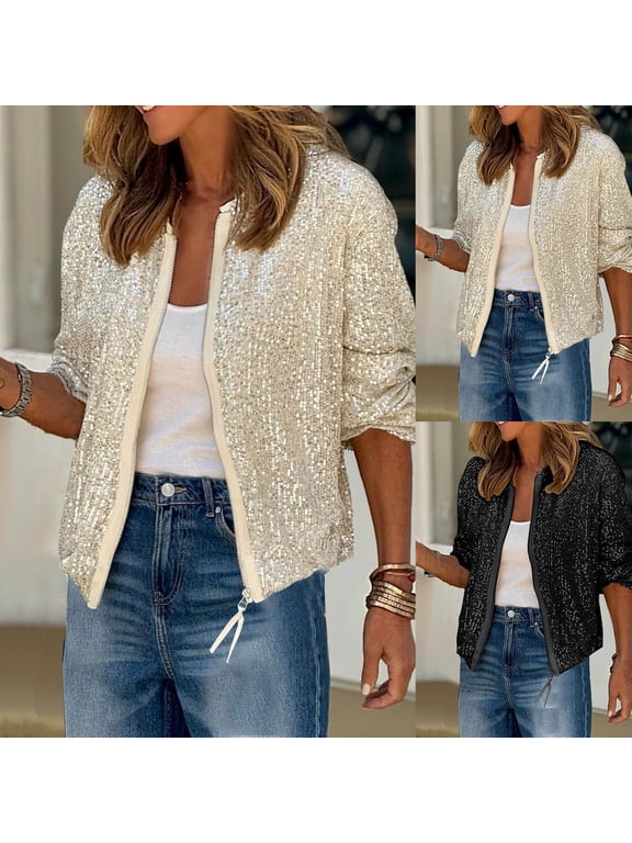 Women Sequin Jacket Zip Up Bomber Long Sleeve Loose Fit Glitter Party Short Coat,Black,S