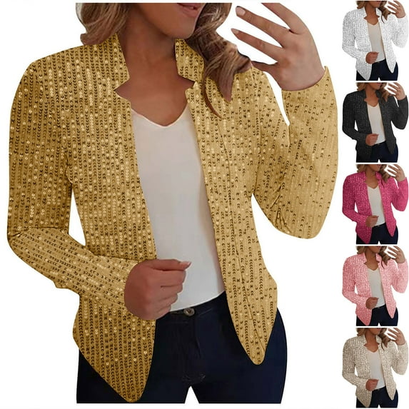 Dazajoo Women Shiny Sequin Open Front Cardigan Blazers Sparkly Long Sleeve Cardigan Party Club Suit Jacket,Gold,XL