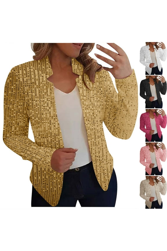 Women Shiny Sequin Open Front Cardigan Blazers Sparkly Long Sleeve Cardigan Party Club Suit Jacket,White,M
