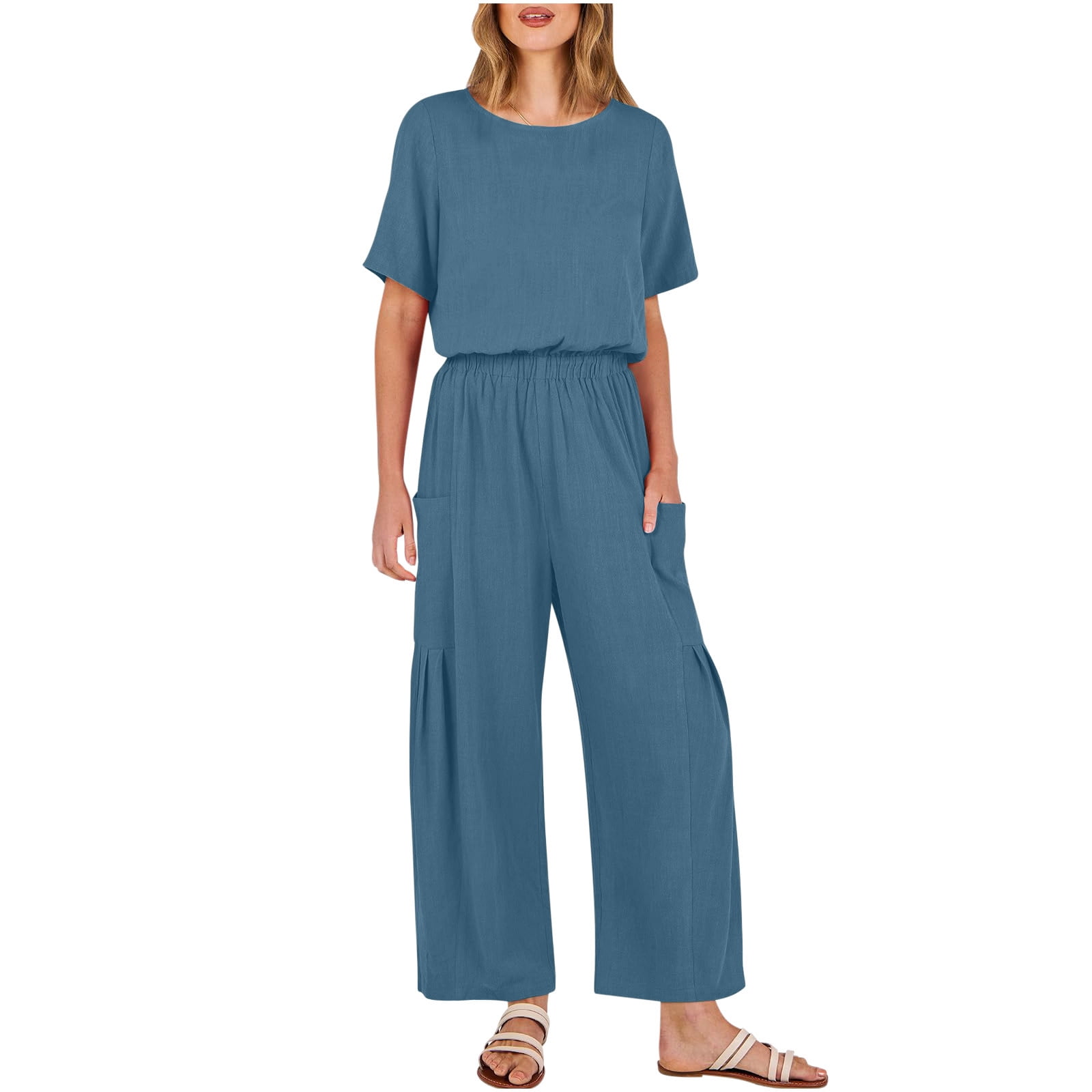 Ladies Casual Daisy Print Cotton Linen Jumpsuit