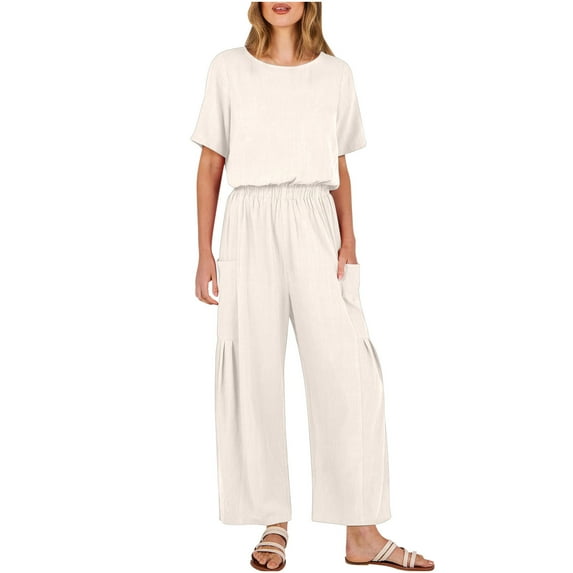 Dazajoo Women Solid Color Cotton Linen Jumpsuits With Pockets Summer Casual Short Sleeve Wide Leg Elastic Waist Jumpsuit Pants for Women 2024 Dressy Trendy Oversized Flowy Jumpers,Beige,XXL