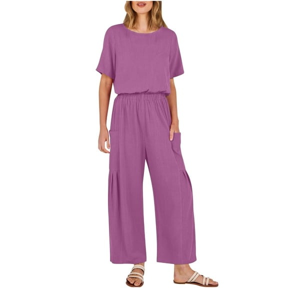 Dazajoo Women Solid Color Cotton Linen Jumpsuits With Pockets Summer Casual Short Sleeve Wide Leg Elastic Waist Jumpsuit Pants for Women 2024 Dressy Trendy Oversized Flowy Jumpers,Hot Pink,XXL