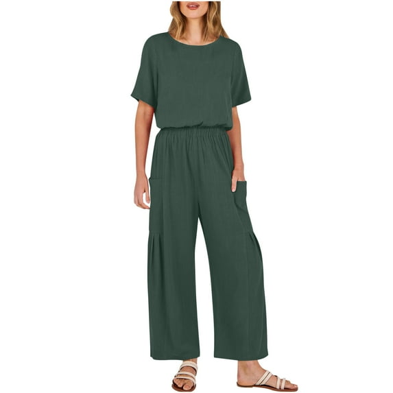 Dazajoo Women Solid Color Cotton Linen Jumpsuits With Pockets Summer Casual Short Sleeve Wide Leg Elastic Waist Jumpsuit Pants for Women 2024 Dressy Trendy Oversized Flowy Jumpers,Army Green,S