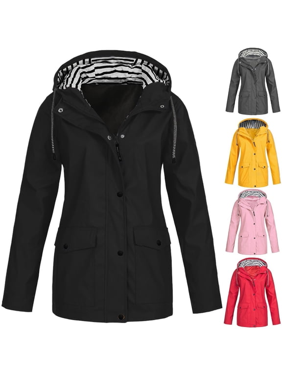 Women Solid Stripe Rain Jacket Outdoor Plus Size Waterproof Hooded Raincoat Winter Rain Coats,Yellow,S