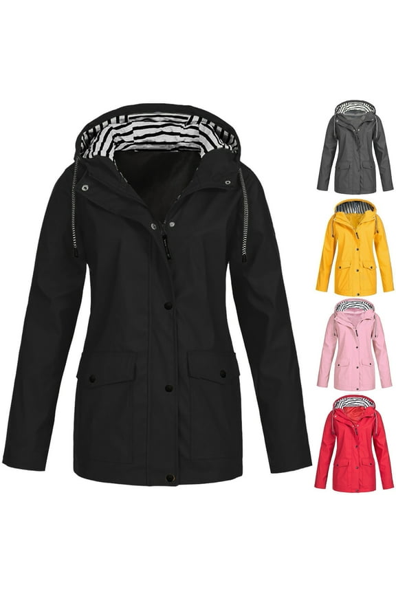 Women Solid Stripe Rain Jacket Outdoor Plus Size Waterproof Hooded Raincoat Winter Rain Coats,Yellow,S