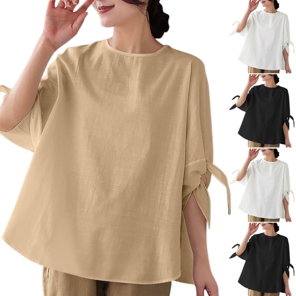 Dazajoo Women Summer Cotton Linen Tops 2025 Trendy Solid Color Short Sleeve Crewneck Blouse Casual Lightweight Tees,Black,Free Size