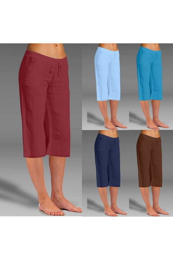 Women Summer Pants Casual Womens Linen Pants with Pockets Petite Length Casual Summer Plus Size Capris Loose Fitting Cropped Yoga Pants,Coffee,L