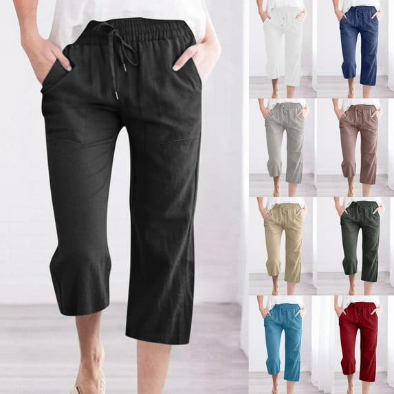 Dazajoo Women Summer Pants Casual on Sale Womens Plus Size Linen Capris Summer Elastic Waist Drawstring Pants with Pockets Casual Solid Color Lightweight Beach Capri Pants,Green,XXXXXL