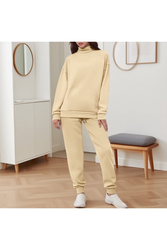 Women Sweatsuits 2 Piece Set Mock Neck Long Sleeve Pullover Sweatshirt Straight Leg Pants Fall Outdoor Lounge Tracksuits Khaki,S