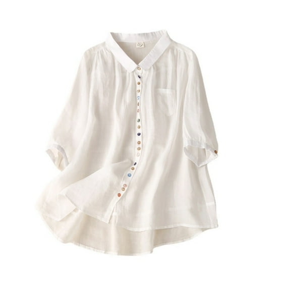 Dazajoo Women Vintage Colorful Button Cotton Linen Shirts Lapel Collar 3/4 Sleeve Solid Color Blouses for Women 2024 Summer Dressy Casual Loose Flowy Tops,White,XL