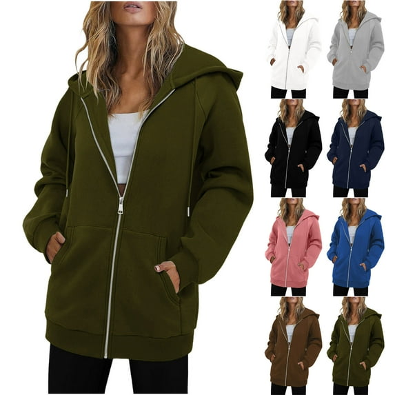 Dazajoo Women Zip Up Hoodies Long Sleeve Lightweight Hooded Sweatshirts Casual Fall Winter Workout Athletic Jacket with Pockets,Army Green,L