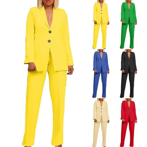 Dazajoo Women's 2 Piece Blazer Set Casual Loose Long Sleeve Blazer Jackets and Dressy Straight Leg Pant Suits with Pockets,Blue,XL