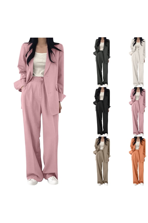 Women's 2 Piece Business Casual Suits Open Front Long Sleeve Blazer Jacket Matching Wide Leg Dress Pants with Pockets Office Work Formal Outfits,Black,S