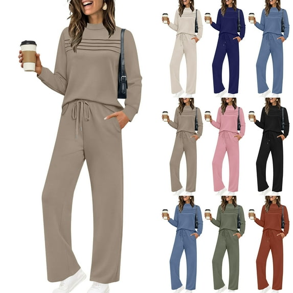 Dazajoo Women's 2 Piece Lounge Set Long Sleeve Pleated Front Top and Drawstring Pants with Pockets Beach Casual Solid Color Outdoor Suits,Pink,S