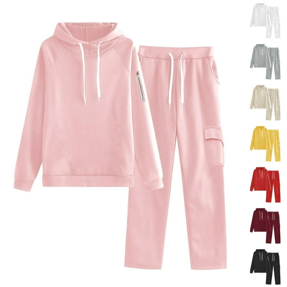 Dazajoo Women's 2 Piece Lounge Sets Casual Long Sleeve Hoodies and High Waisted Cargo Sweatpants with Pockets Sweatsuit,Beige,L