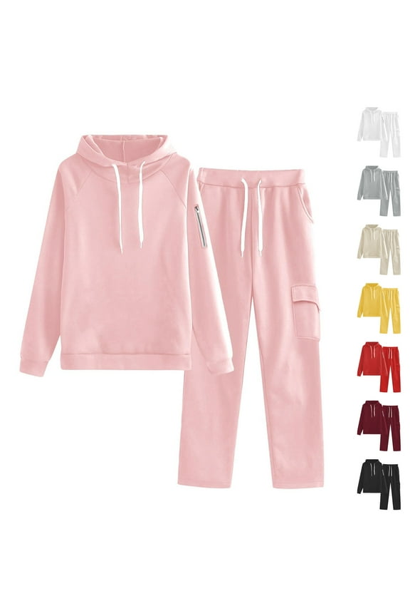 Women's 2 Piece Lounge Sets Casual Long Sleeve Hoodies and High Waisted Cargo Sweatpants with Pockets Sweatsuit,Wine,L