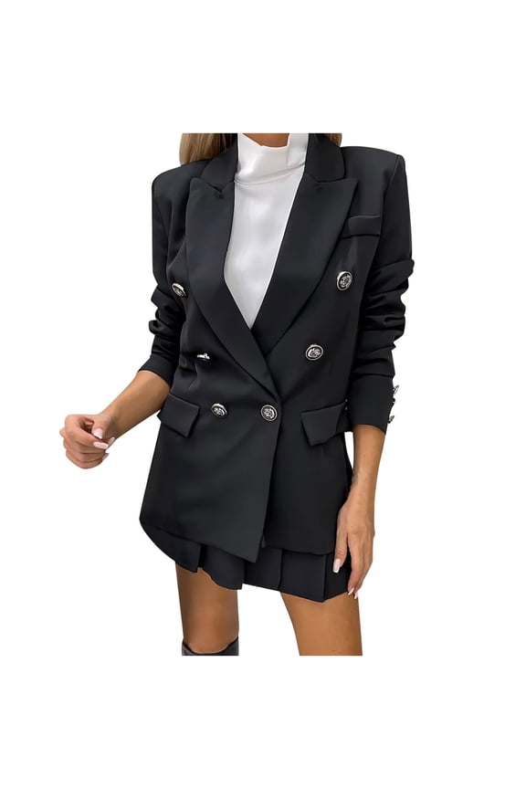 Women's 2 Piece Open Front Long Sleeve Blazer and Solid Short Pants Suit Sets 2024 Summer Classic Office Work Blazers Suits for Women,Black,M