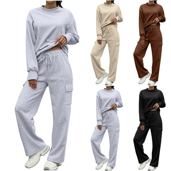 Dazajoo Women's 2 Piece Outfits Sweatsuit Fall Crewneck Pullover Sweatshirts and Wide Leg Cargo Pants Matching Sets Tracksuit,Beige,L
