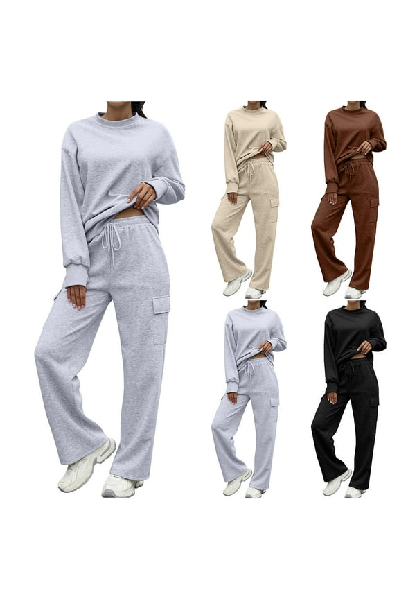 Women's 2 Piece Outfits Sweatsuit Fall Crewneck Pullover Sweatshirts and Wide Leg Cargo Pants Matching Sets Tracksuit,Beige,L