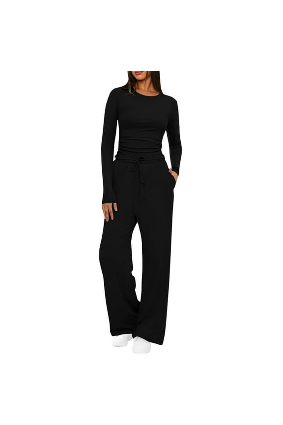 Women's 2 Piece Sets Fall Outfits Long Sleeve Crew Neck Shirts Matching Wide Leg Drawstring Leggings with Pocket Casual Solid Loungewear Jogger Sets Black,L