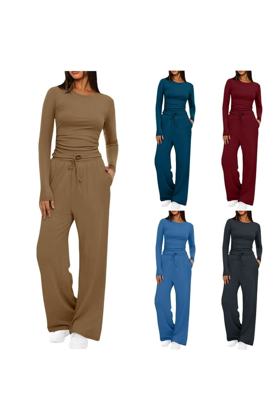 Women's 2 Piece Sets Fall Outfits Long Sleeve Crew Neck Shirts Matching Wide Leg Drawstring Sweatpants with Pocket Casual Solid Loungewear Jogger Sets,Gold,XL