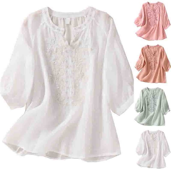 Dazajoo Women's 3/4 Sleeve Linen Shirts Lace Embroidery Gauze Tunic Blouse Summer Lightweight Flowy Boho Tops,White,XXL