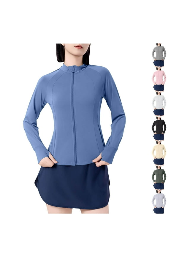 Women's Athletic Full Zip Lightweight Workout Jacket with Pockets Running Slim Fit Yoga Sportwear with Thumb Holes Todays,Blue,Free Size