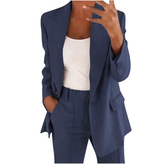 Dazajoo Women's Blazer Suit Set One Button Notched Lapel Blazer and Elastic Waist Pants 2 Piece Office Outfits,Dark Blue,L