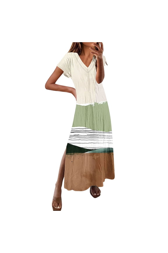 Women's Bohemian Maxi Dresses 2025 Vacation Beach Side Slit Dresses Summer Short Sleeve V Neck Dress,Red,XL