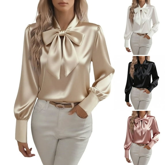 Dazajoo Women's Bow Tie Neck Satin Shirts Long Sleeve Elegant Silk Blouses Solid Color Dressy Casual Business Work Tops,Black,S