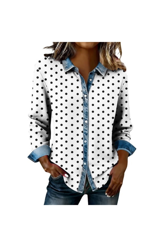 Women's Casual Button-Down Long Sleeve Shirts Cute Polka Dot Print Waffle Knit Shacket Casual Lapel Collar Sweatshirts with Denim Trim,White,XL