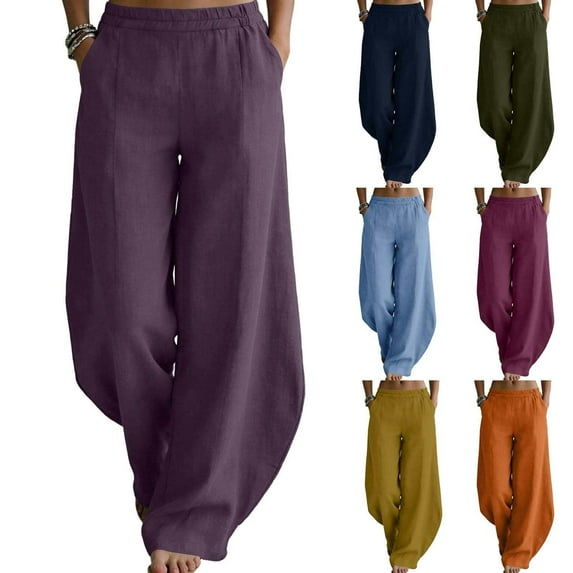 Dazajoo Women's Casual Cotton Linen Baggy Pants Elastic Waist Wide Leg Trousers with Pockets Casual Lightweight Solid Pants,Yellow,XL