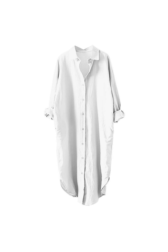 Women's Casual Cotton Linen Blouses Tops V Neck Long Sleeve Button Down Shirts Summer Casual Solid Color Lapel Neck Roll Up Sleeve Tunics for Women 2024,White,L