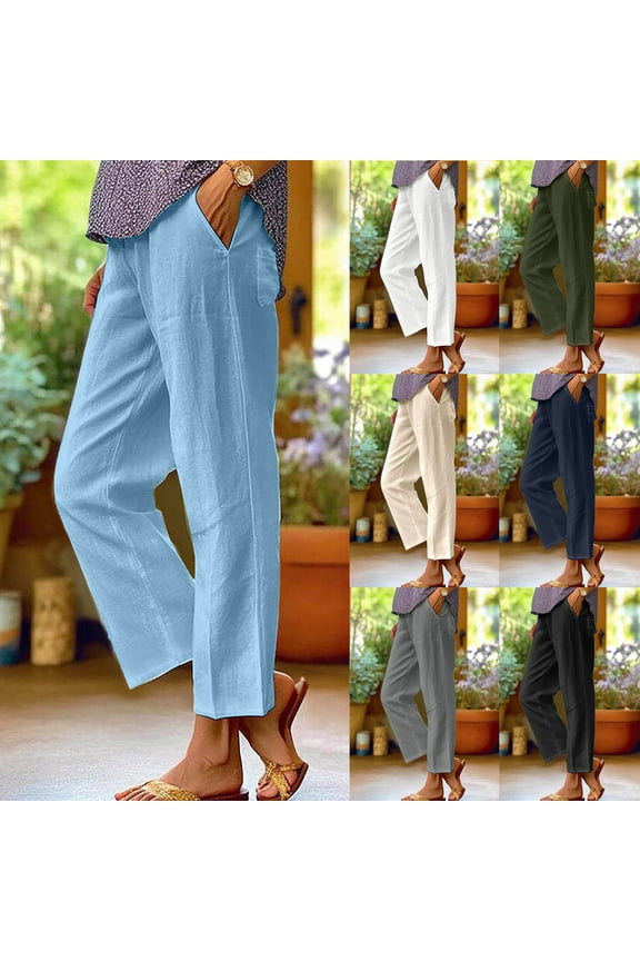 Women's Casual Cotton Linen Pants Summer Relax Fit Elastic Waist Straight Leg Trousers for Women 2024 Summer Lightweight Baggy Solid Color Pants with Pockets,Beige,L