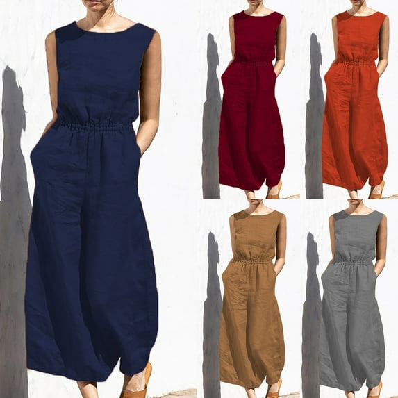 Dazajoo Women's Casual Overalls Jumpsuit Cotton Sleeveless Elastic High Waist Wide Leg Romper with Pockets Wine L