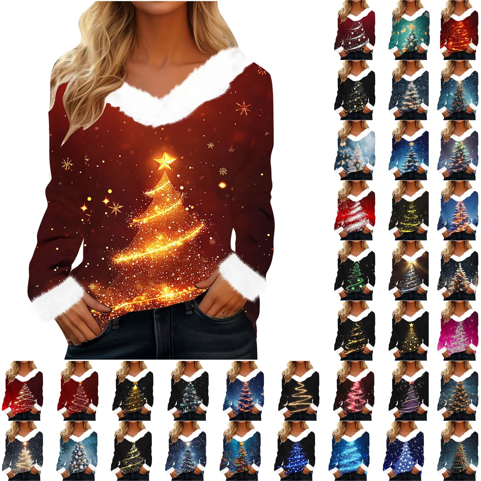 Dazajoo Women's Christmas Plush V Neck Sweatshirts Long Sleeve Novelty