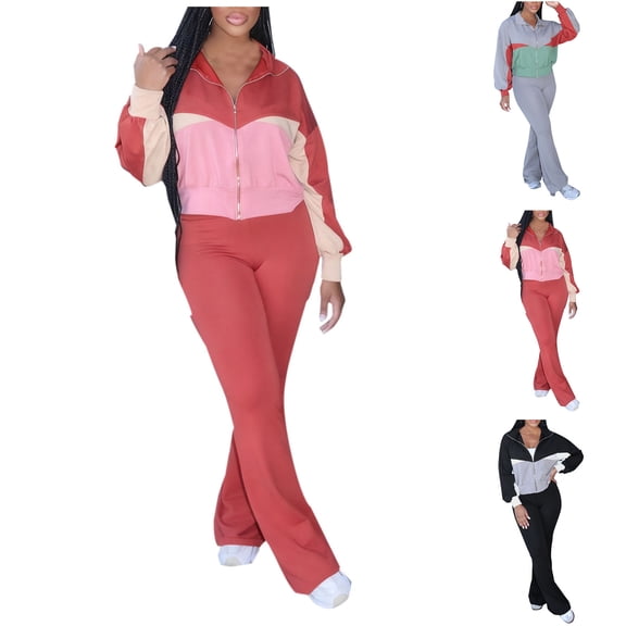 Dazajoo Women's Color Block 2 Piece Tracksuit Sets Long Sleeve Zip Up Crop Jacket and Flare Pants Casual Lightweight Yoga Sweatsuits,Black,M