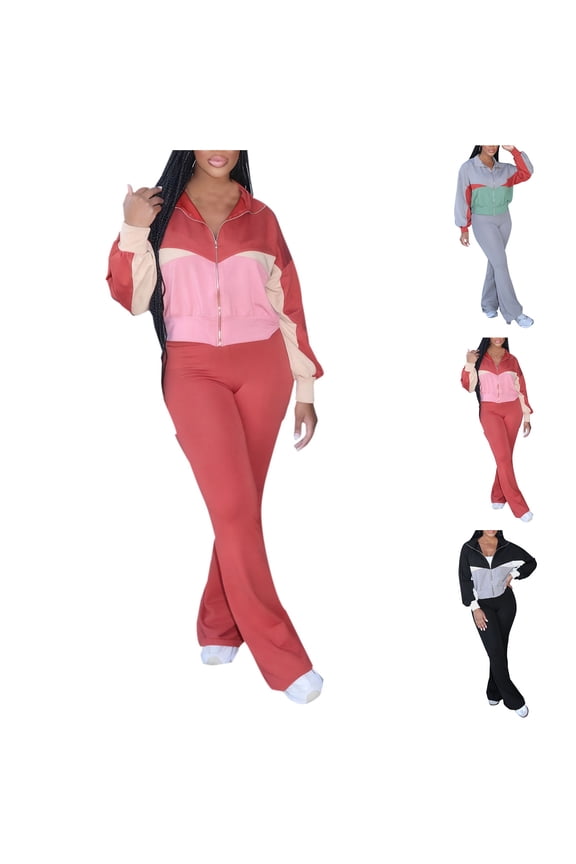 Women's Color Block 2 Piece Tracksuit Sets Long Sleeve Zip Up Crop Jacket and Flare Pants Casual Lightweight Yoga Sweatsuits,Black,M