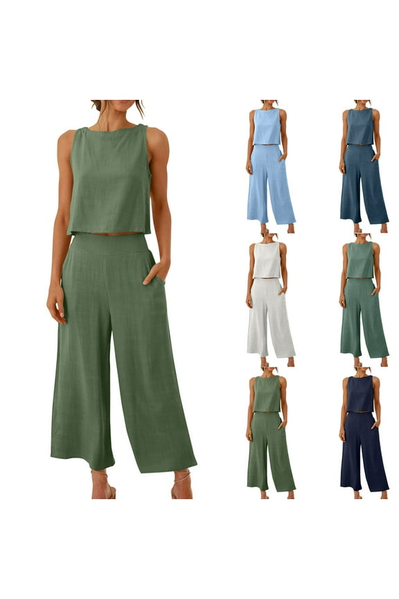 Women's Cotton Linen 2 Piece Outfit Sleeveless Suit Crop Tank Tops and Wide Leg Pants with Pockets Casual Solid Color Lightweight Loungewear,Sky Blue,XL