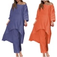 thumbnail image 1 of Dazajoo Women's Cotton Linen 2 Piece Outfits Irregular Hem One Shoulder Long Sleeve Top Wide Leg Pants Casual Loungewear Suits Holiday Sales,Orange,XL, 1 of 8