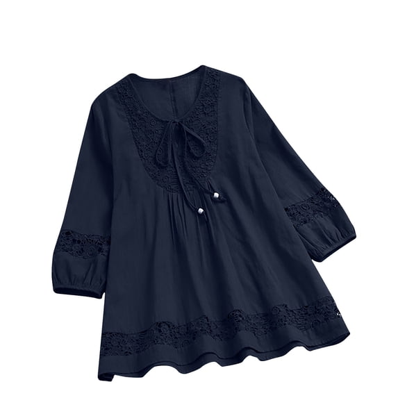 Dazajoo Women's Cotton Linen Blouse Tunics Summer Boho Loose 3/4 Sleeve Lace Patchwork Tops Hollow Out Leisure T-Shirt for Women 2024,Navy,XXXL