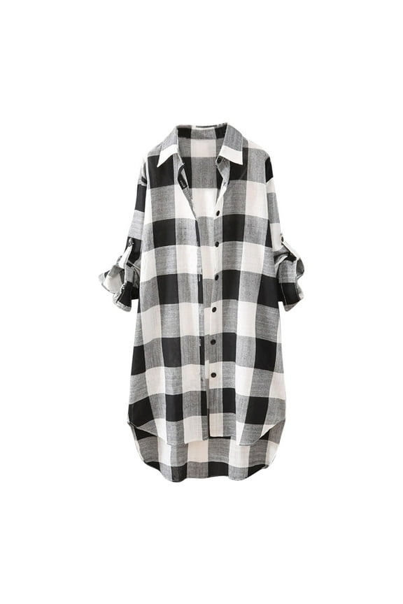 Women's Cotton Linen Blouses Tops Plaid Long Sleeve Button Down Shirts Tunic 2024 Summer Fashion High Low Long Tunics for Women,Black,M